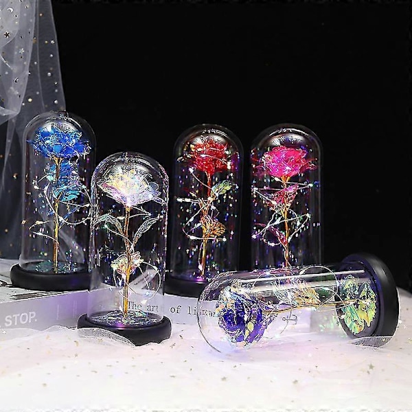 Evige roser Beauty And Animal Rose-sett i glasskuppel med LED-lys, kunstige blomster, rosegaver til kvinner, morsgave