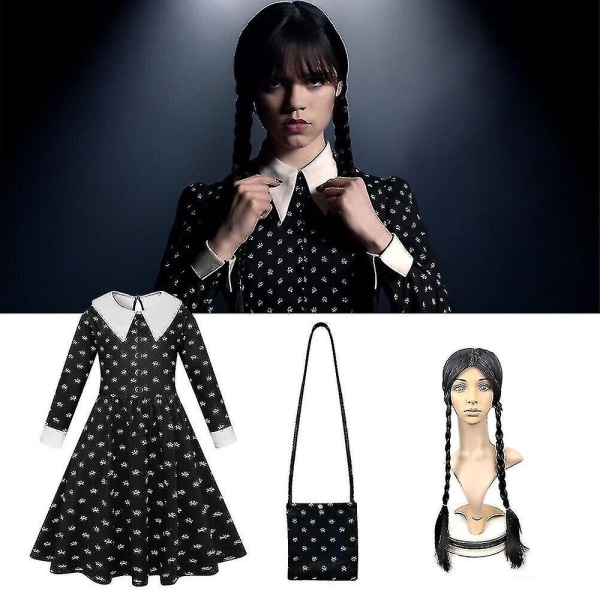 Onsdag Addams Family Costume Girls Adams Fancy Dress Peruk Party Outfit Kostym V X Polka Dot Dress Bag Wig 3PCS 140