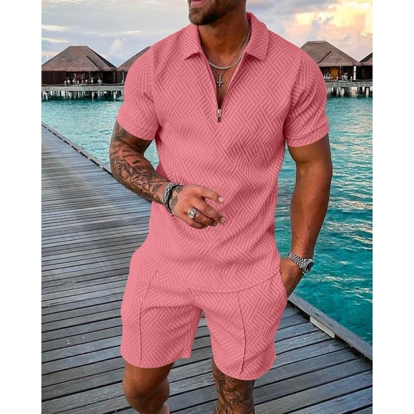 Herr Athletic T-shirt Set Casual Lapel Korta Ärmar Pullover Zip Up T-shirt Shorts 2-Delade Set Herr Solid Sporty Kostymer Pink L