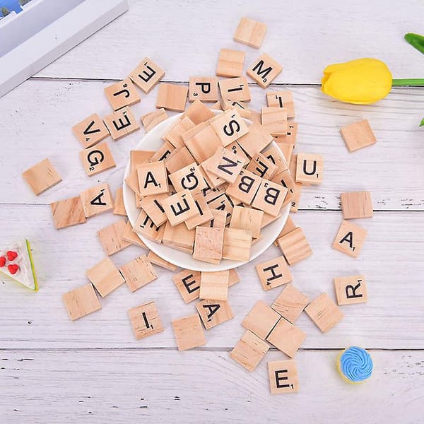 100 stk. Træ Alfabet Scrabble brikker sorte bogstaver & tal digitalt puslespil