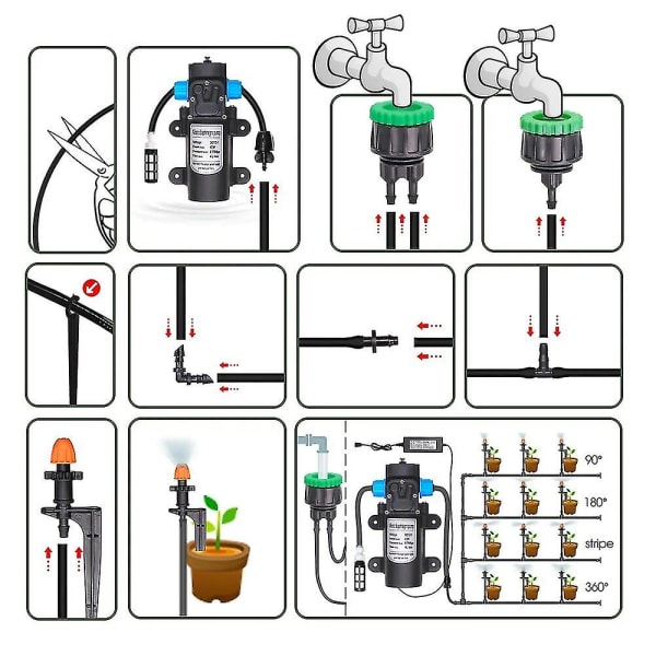 Erinomainen 5-30m itseimevä pumppusetti 90/180/360/nauha sprinkleri puutarhan kastelujärjestelmä 1/4' automaattinen kasteluvarustus 100-240vsuihke S-tee joint only