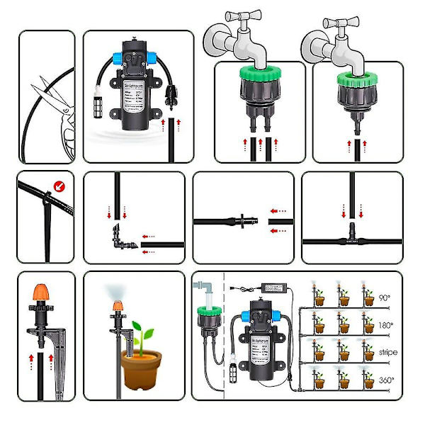 Utmärkt 5-30m Självprimande Pumpset 90/180/360/remsa Bevattningssystem för Trädgård 1/4' Automatisk Bevattningsutrustning 100-240vspray S-tee joint only