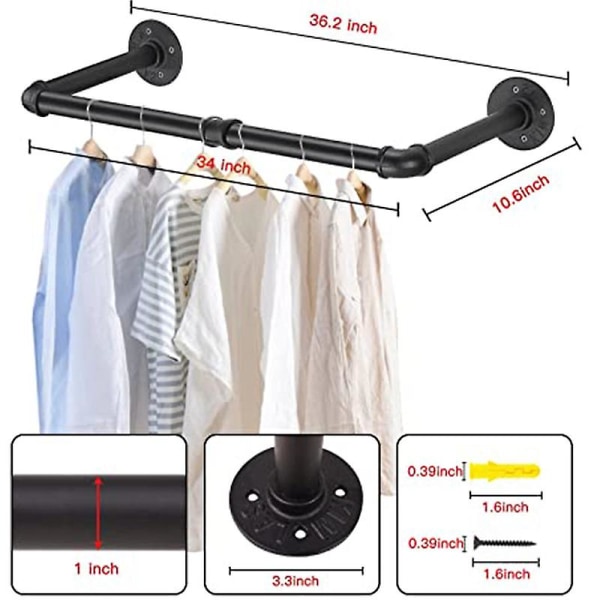 Industriell rørklesstativ, veggmontert klesstativ, hengende klesstativ Black 51*27*8.5