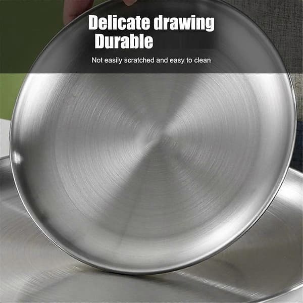 Pakke med 5 rustfrie stålplater, 20 cm runde rustfrie stål tallerkener, robuste rustfrie stålplater Silver