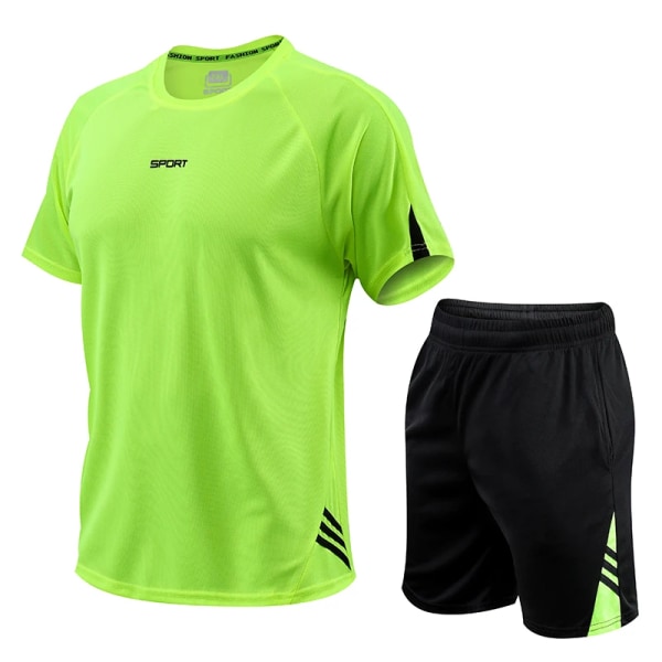 Sports suit men's summer short sleeved quick drying running clothes basketball football summer training fitness clothes morning Green XL