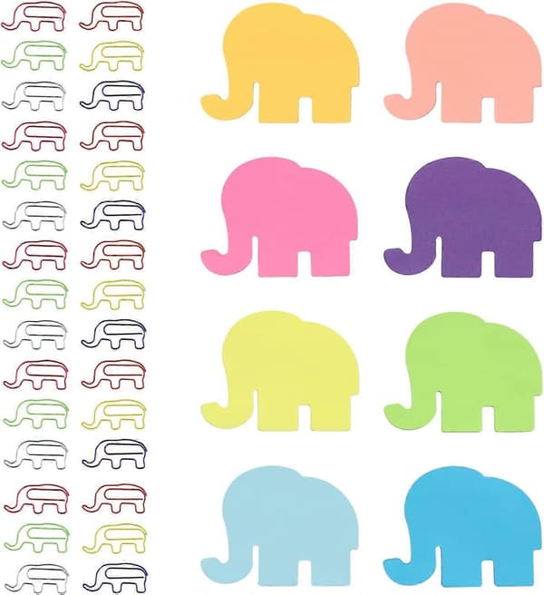 SELVKLÆBENDE NOTER, 240 stk. Elefant Sticky Notes & 60 stk. Elefant Papirclips, 8