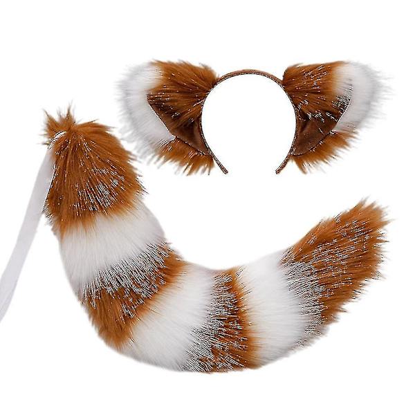Rävsvans och -öron, katt-varg-tvättbjörnsöron-svansset, djurpäls svans, öron pannband, halloween juldräkt Camel white