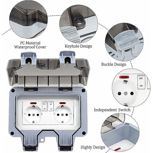 IP66 Vanntett Utendørs Stikkontakt Dobbel Strømuttak og Beskyttelseslukke Hagevegg Strømbånd, Støvtett og Vindtett Stikkontakt med Bryter, Indikat
