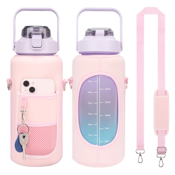 2L vattenflaska med hylsa Mobilhållare, stor vattenflaska med sugrör för gym löpning camping träning rosa pink