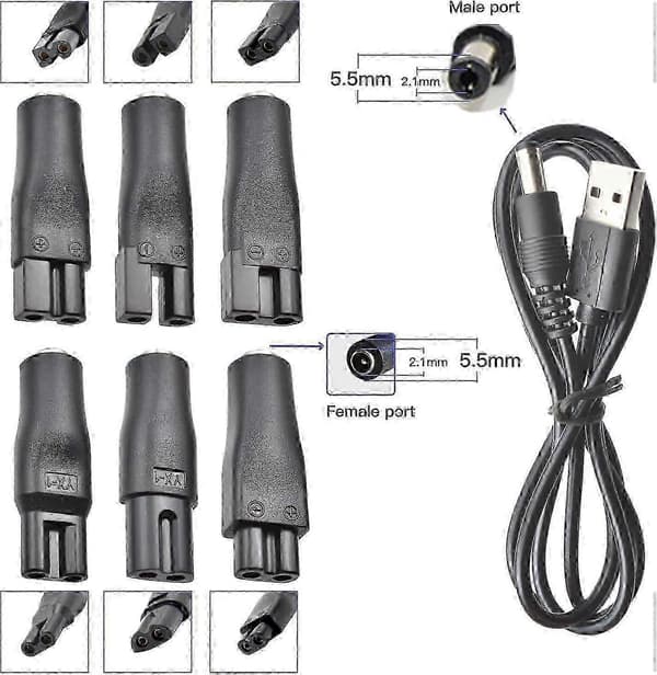 7 stk. 5V USB-strømledningssett - Erstatningslader for hårklippere/trimmere/bordlamper