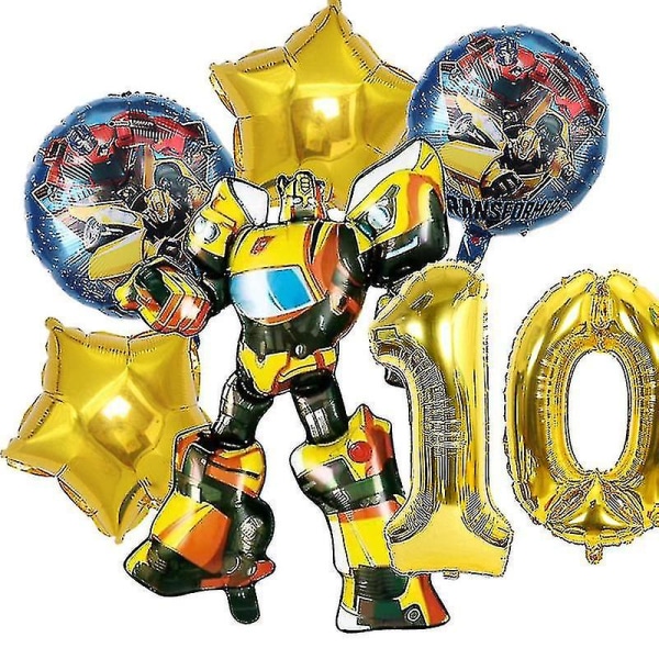 Transformers Lasten Juhlatarvikkeet Optimus Prime Bumblebee Robot Syntymäpäiväkoriste Numero Ilmapallo Banner Kertakäyttölautaset Kupit  (FMY) yellow 7pcs-10