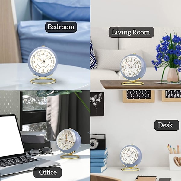 SCSYV Liten väckarklocka, klassisk retro analog söt enkel design liten skrivbordsklocka med tyst batteridriven tyst bakgrundsbelysning för barn/sovrum/ Blue