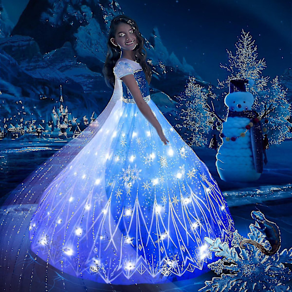 1&2 Anna Elsa Led Glowing Dress Girls Christmas Role Play Party Dress Snow Queen Carnival Ball Dress