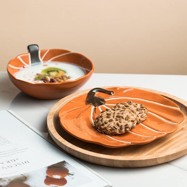 Sæt af Keramiske Salatskåle, Græskarformet Spisepladesæt, Køkkenplader til Snacks, Pasta, Serveringsskåle til Halloween