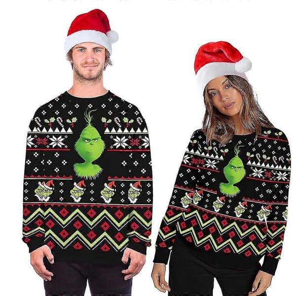 Jule Grinch Print Par Løs Mode Rund Hals Sjove Grimme Juletrøjer Casual Pullover a l