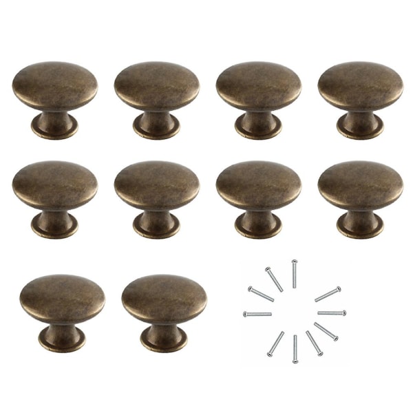 10 stk Hule Runde Flat Head Trekkhåndtak Knapper Med Skruer For Skuff Skap Yellow Bronze