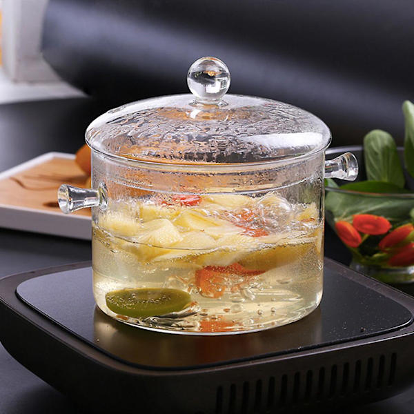 Glasgryta med lock för matlagning i köket, set med stekpanna med non-stick beläggning Transparent