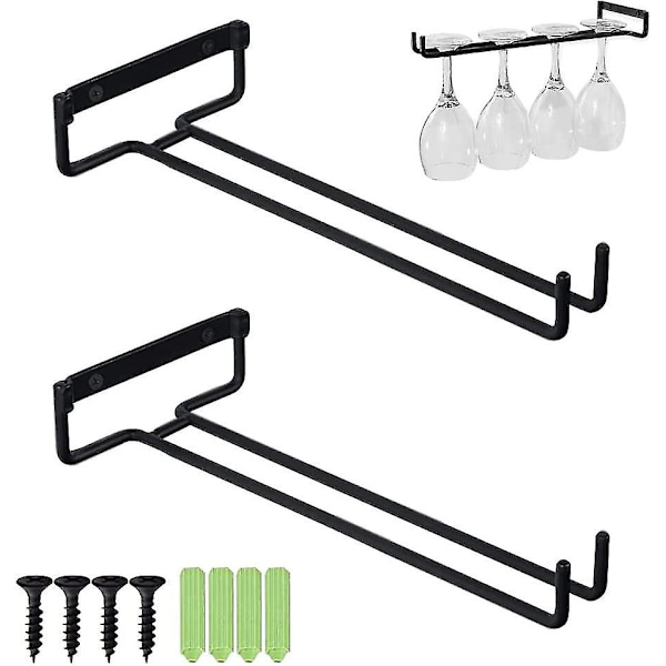 Vinglassholdersett med 2 hengende glassholdere, stettglassholder for hylle, hengende glassholder under skap, vinglassholder, svart, med skruer G