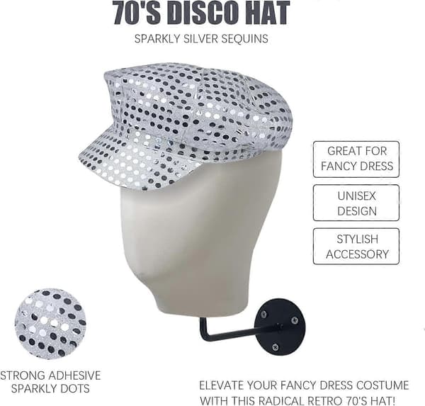 70'er Disco Hat - Sølvfarvet paillet festhat til voksne, unisex 70'er tilbehør til disco