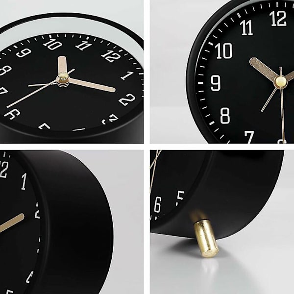 Klassisk sort metal moderne lydløs analog alarmur med simpelt dekorativt lys til soveværelsesnatbord 11cm