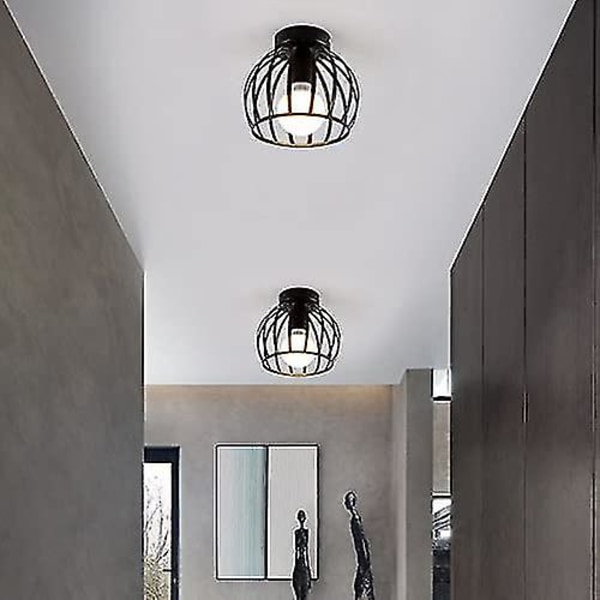 Vintage taklampe, svart semi flush mount, metallbur taklampe med E27 brakett
