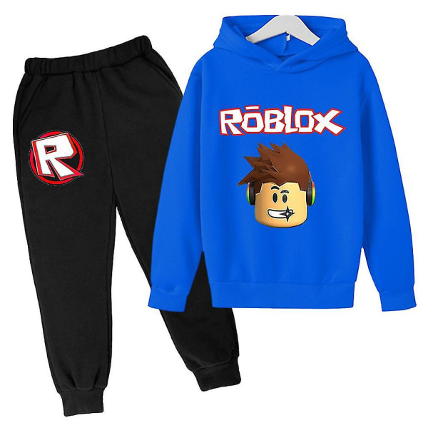 Barnas Roblox-trykte langermet hettegenser + bukser, avslappet antrekksett, treningsdrakt for gutter og jenter Black 9-10Years