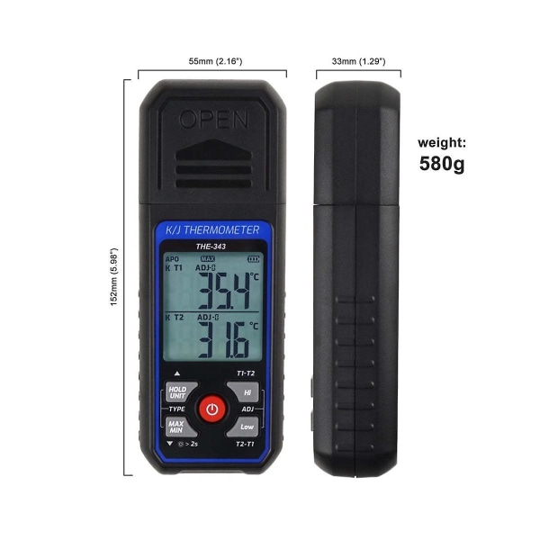Digitalt Termometer med K-Type Termoelementer, 4 Termoelementer, Måleområde -328-2500 Black