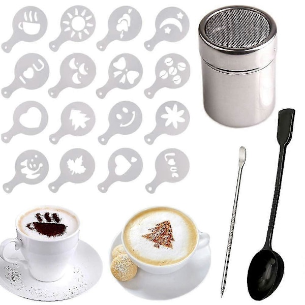 Stainless Steel Chocolate Shaker Duster + 16 Cappuccino Coffee Barista Stencils Coffee + Measuring Spoon + Art Stencils Pen