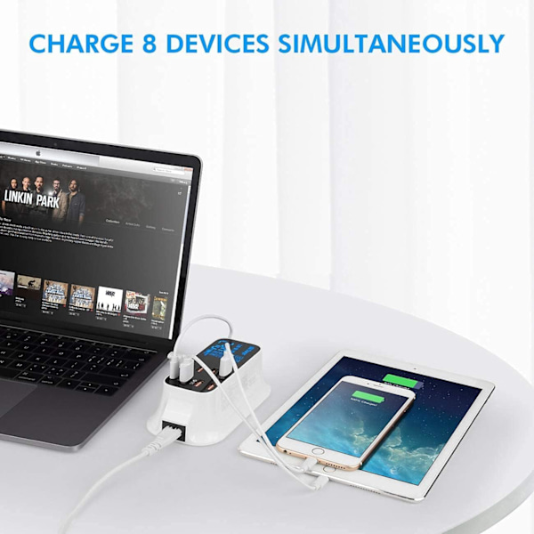 USB-laturi, 8-porttinen työpöydän latausasema, jossa Quick Charge 3.0 USB-portti, Type-C-portti ja LCD-näyttö