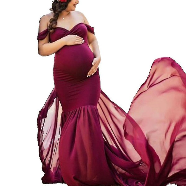 Gravid kvinnors off Shoulder-fotografering Gravid Maxiklänning Fotoklänningar D Wine Red