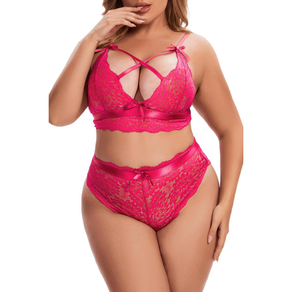 nmei Plus Size Naisten Alusvaatesetti Korkealla Vyötäröllä Oleva Rintaliivi ja Alushousut Seksikäs Ristikkäinen Pitsi-Bralette Setti 2 Osainen Alusvaate Kuuma Pinkki 4X-Large