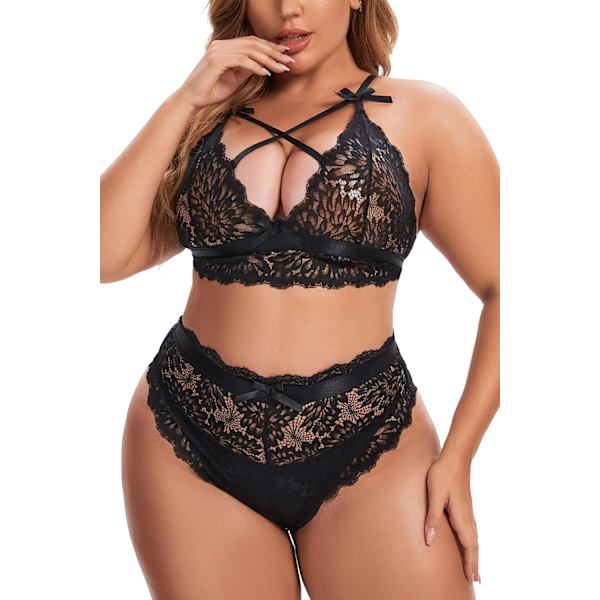 nmei Plus Size Naisten Alusvaatesetti Korkealla Vyötäröllä Oleva Rintaliivi ja Alushousut Seksikäs Ristikkäinen Pitsi Bralette Setti 2 Osainen Alusvaate Musta 3X-Large