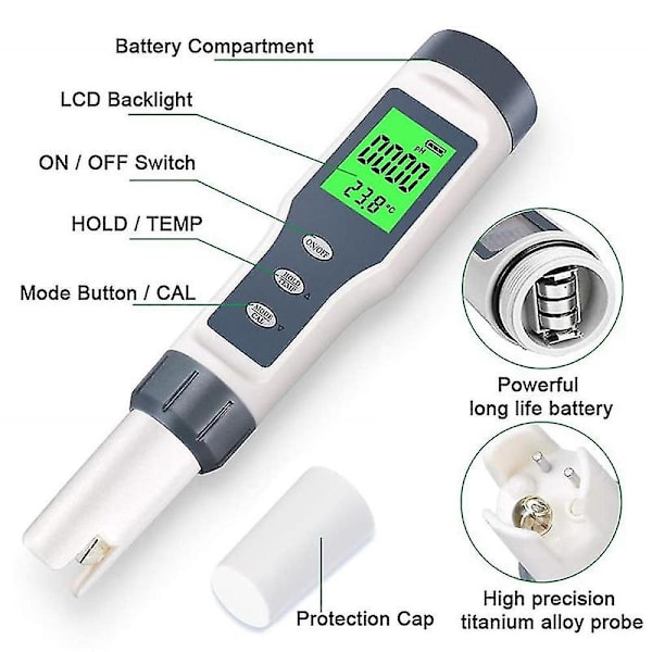 Digital pH-måler med automatisk temperaturkompensation, 3 i 1 pH/termometer, 0,01 opløsning pen-tester, Wat