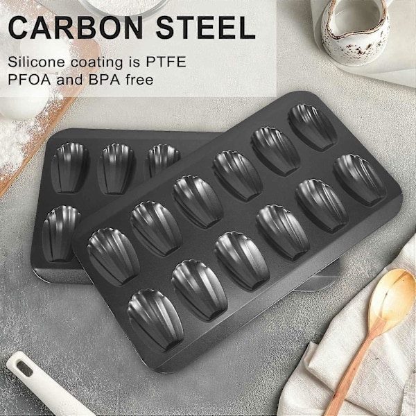 2 Pakker Non-Stick Madeleine Form, Bageform 12 med Skal Kage Bagebakke Chokolade Non-Stick Bak black