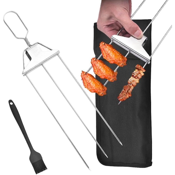 3-vejs Grillspyd, 3-takkede Rustfrit Stålspyd Til Grillning, Metal Grillspyd Semi-automatisk Grillgaffel Med TrykstangsskyderBY 1 Set