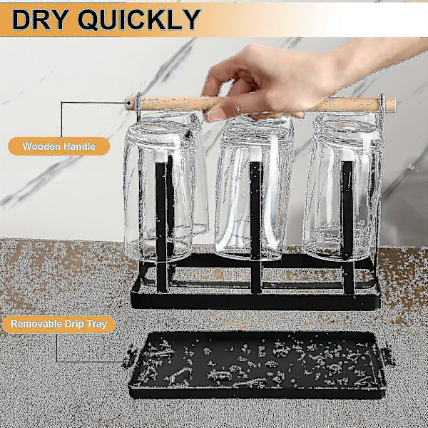 Flaskeholder til Sodastream, Stativ for 6 Flasker, Dryppstativ, Flasker, Metallisk Avrenningsstativ, Flasker, Koppbærer med Dryppbrett for Flasker og Kopper (svart)