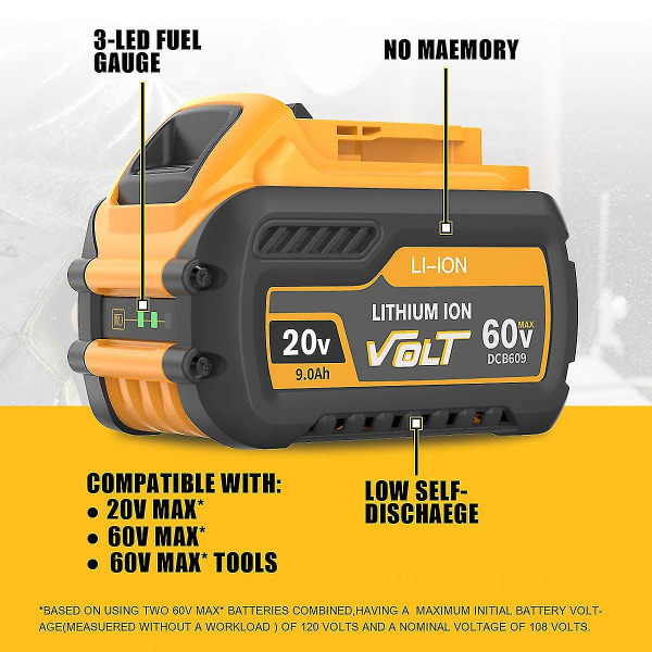 Dewalt Flexvolt 20v/60v Max -akulle 9ah Dcb609 Litium-ioni Dcb606 Dcb612 Dcb609 Dcb205 Dcb200 Dcb182 Akut Dewalt 20vBY 15W Work Light