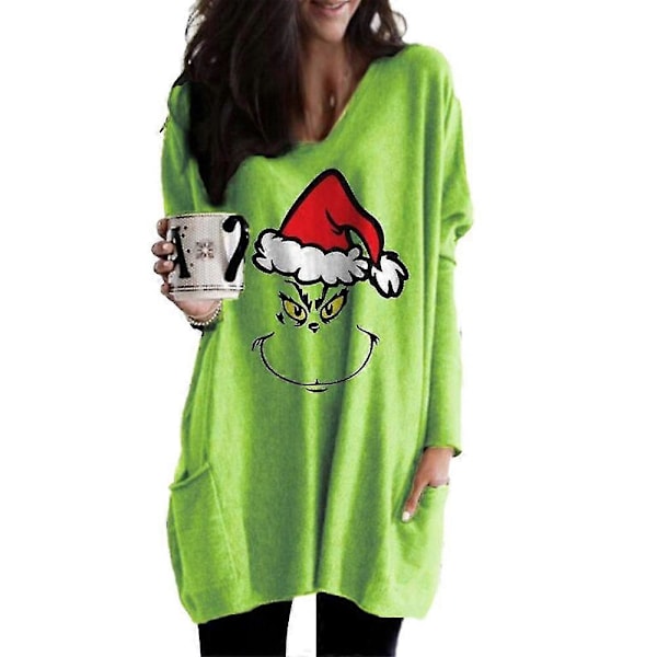 Julegenser for kvinner med Grinch-trykk, avslappet og romslig, julefestgenser, lang t-skjorte, bluse, topper med lommer A 2XL