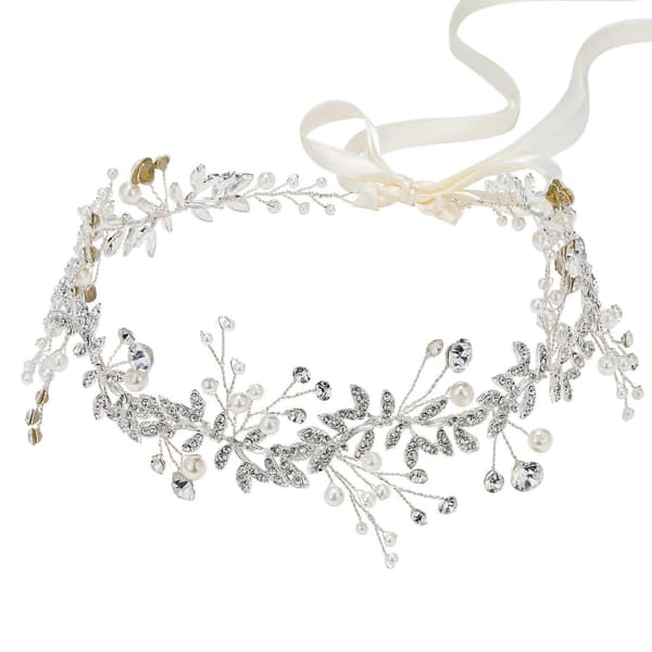 Romantisk Bröllopsfestaccessoar, Kristallpärlor Bröllopshårvinranka med Justerbar Form, Silver Rhinestone Håraccessoar för Brudhår P [DB]