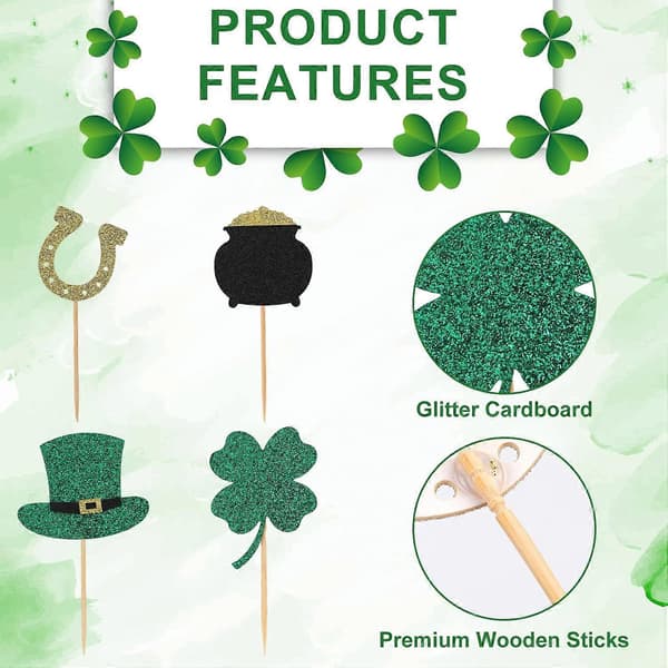 24 st St. Patrick's Day Cupcake Toppers, 4 stilar glänsande hästsko, hatt, 4-klöver S