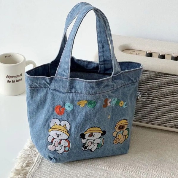 Cartoon Embroidery Lunch Bag Cute Large Capacity Washed Denim Handbag Food Storage Picnic Pouch Outdoor 01