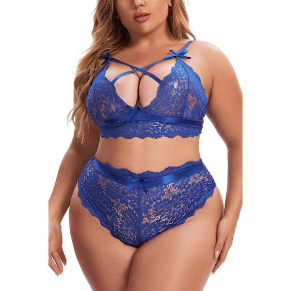 nmei Plus Size Lingerisett for kvinner Høytaljet BH og truse Sett Sexy Kryss-kryss Lace Bralette Sett 2 Deler Undertøy Royal Blå 3X-Stor