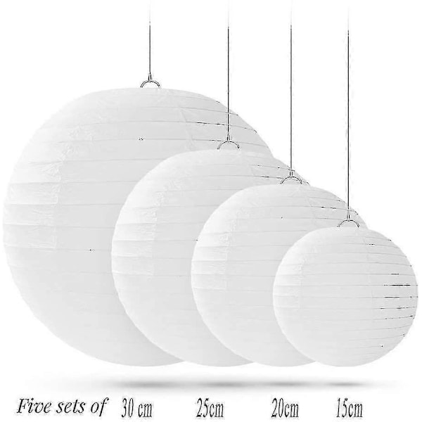 20 hvide runde papirlanterner med trådribber i forskellige størrelser