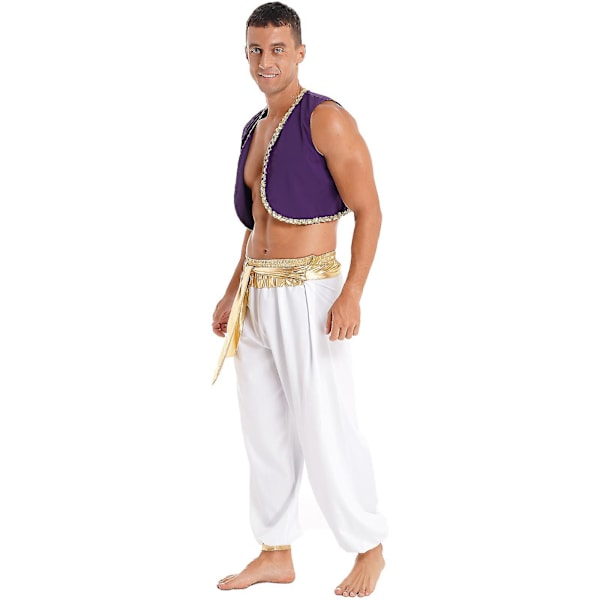 Höstmaskeradkostym för män - Mytisk Prins Aladin Karneval Cosplay Fest Outfit med Sekvensprydd Väst och Bältebyxor White B M