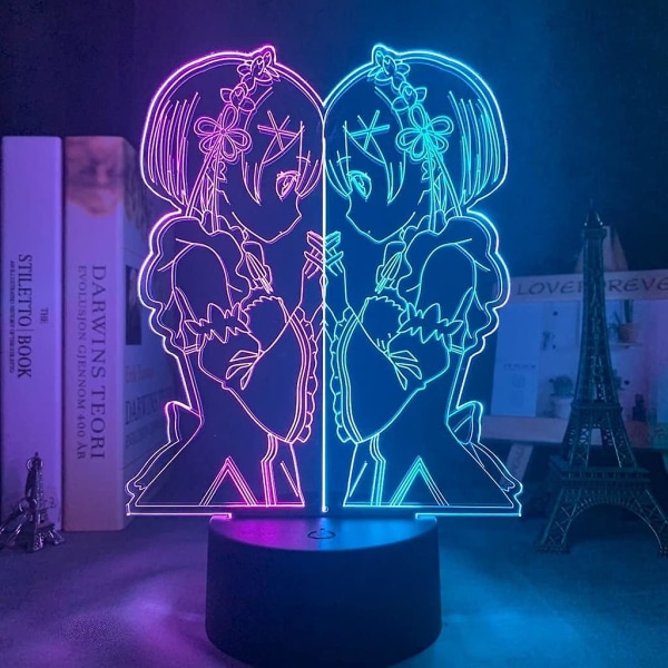 Anime 3D Lampe Rem og Ram fra Re Zero Starting Life in Another World Natlampe til Soveværelsesindretning Fødselsdagsgave LED Natlys (Farve: A)BY B