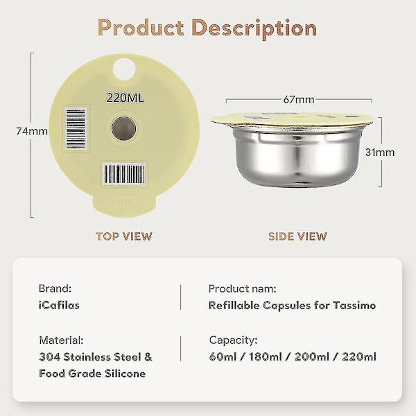 60/180/200/220ml Genanvendelig Kapsel i Rustfrit Stål Kompatibel med Bosch Tassimo Kaffeemaskine Espresso Kaffeemaskine Tilbehør Filtre
