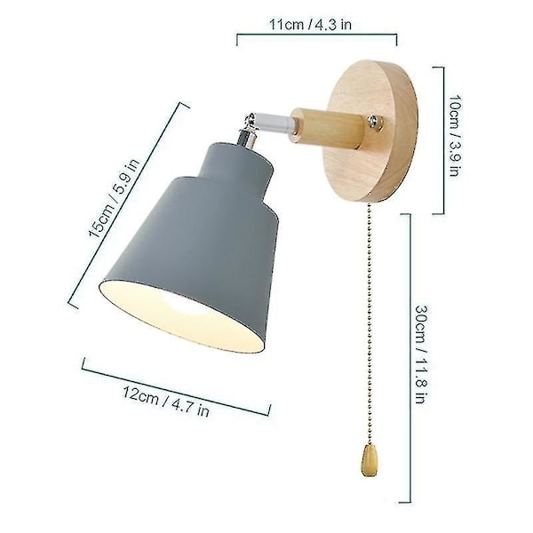 Nordisk vägglampa i trä, sänglampa, vägglampa, vägglampa för sovrum, korridor med dragkedja, fritt roterbar