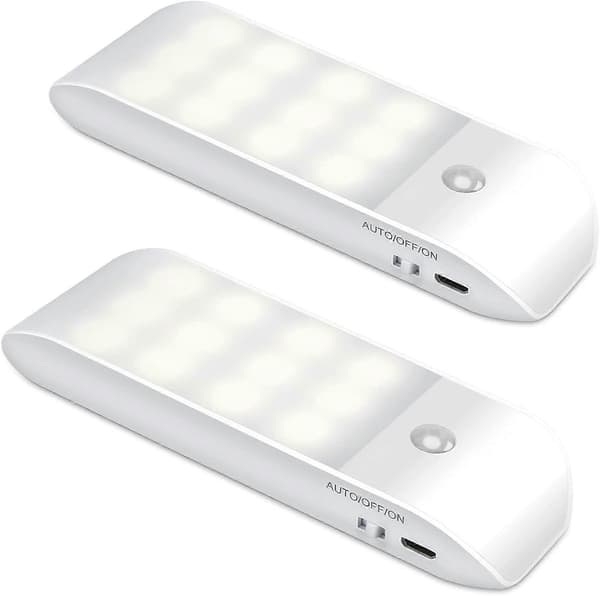 Auto LED Nattlys [2 stk], 12 LED USB Oppladbar, med Bevegelsessensor Magnetstripe, 3 Moduser (Auto/På/Av) [DB]
