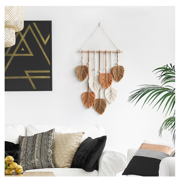 Chic Feather Boho Macrame Vægindretning Håndlavet Garn Kvaster Vævet Vægkunst Blad Gobelin Boheme De