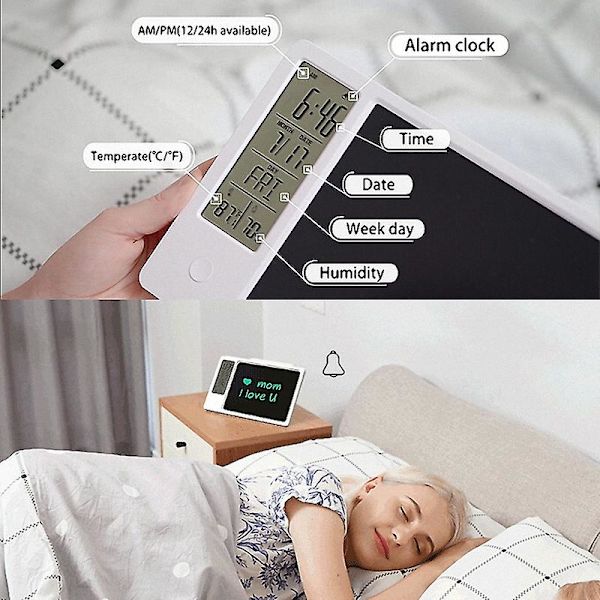 Kellokalenteri LCD-kirjoituslevy Elektroninen digitaalinen grafiikkapiirustus Säätyyny Lämpötila Kosteus White